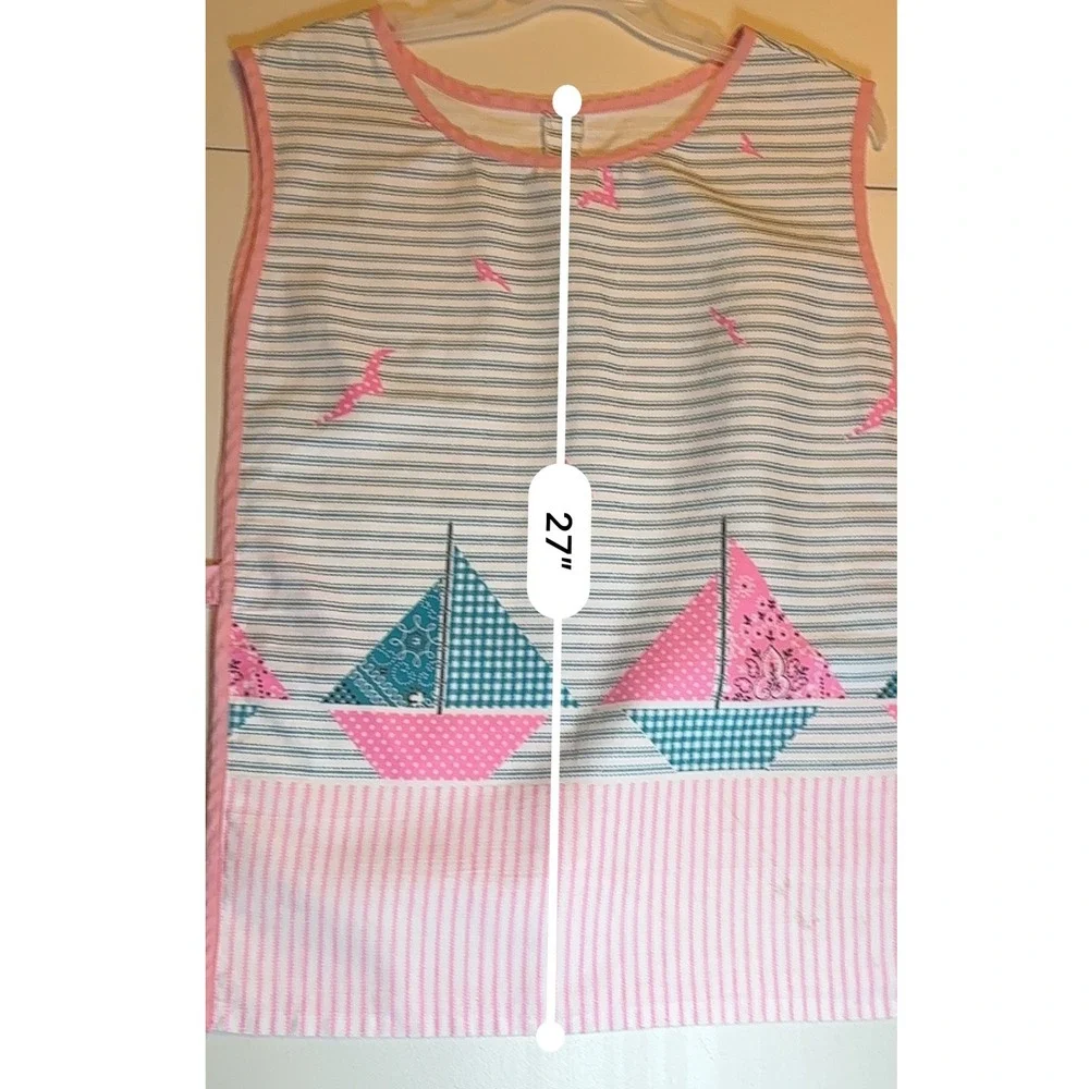 Vintage Handmade Sailboat Apron Pink Blue Striped Nautical‎ Kitchen Cooking